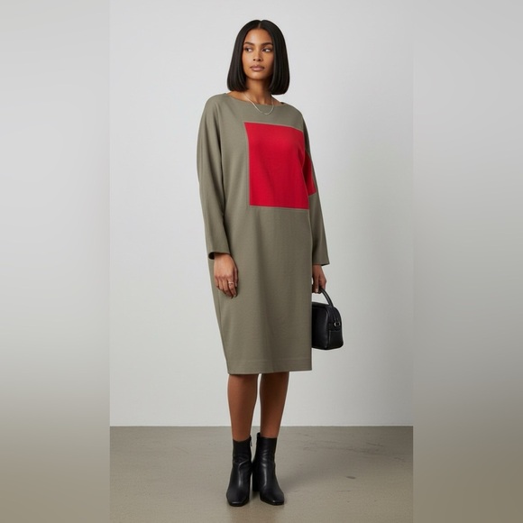 unknown Dresses & Skirts - Olive and Red Colorblock Ponte Contemporary Dolman Long Sleeve Midi Dress Size L